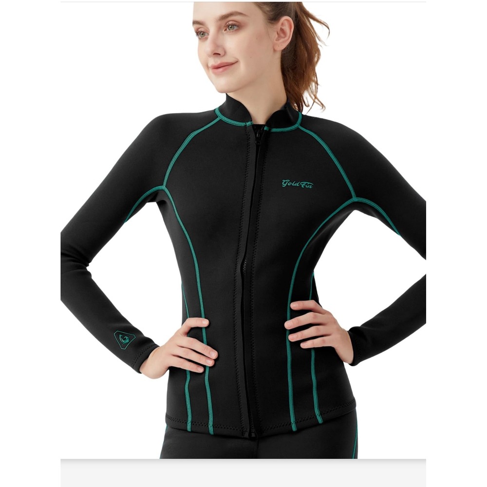 GoldFin Wetsuit Top Womens 2mm Neoprene Front Zip Jacket Black Teal Small